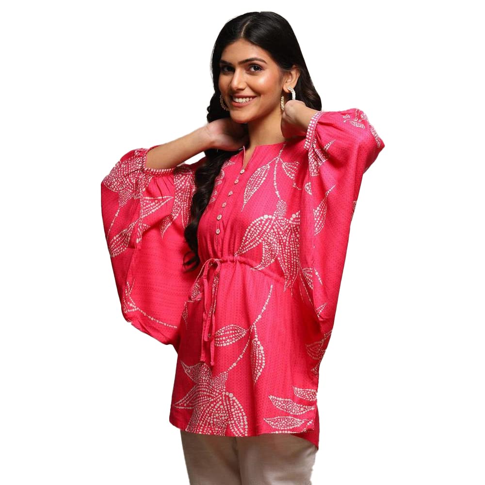 BIBA Women Rayon Printed Straight Top(African 19087_Pink_M)