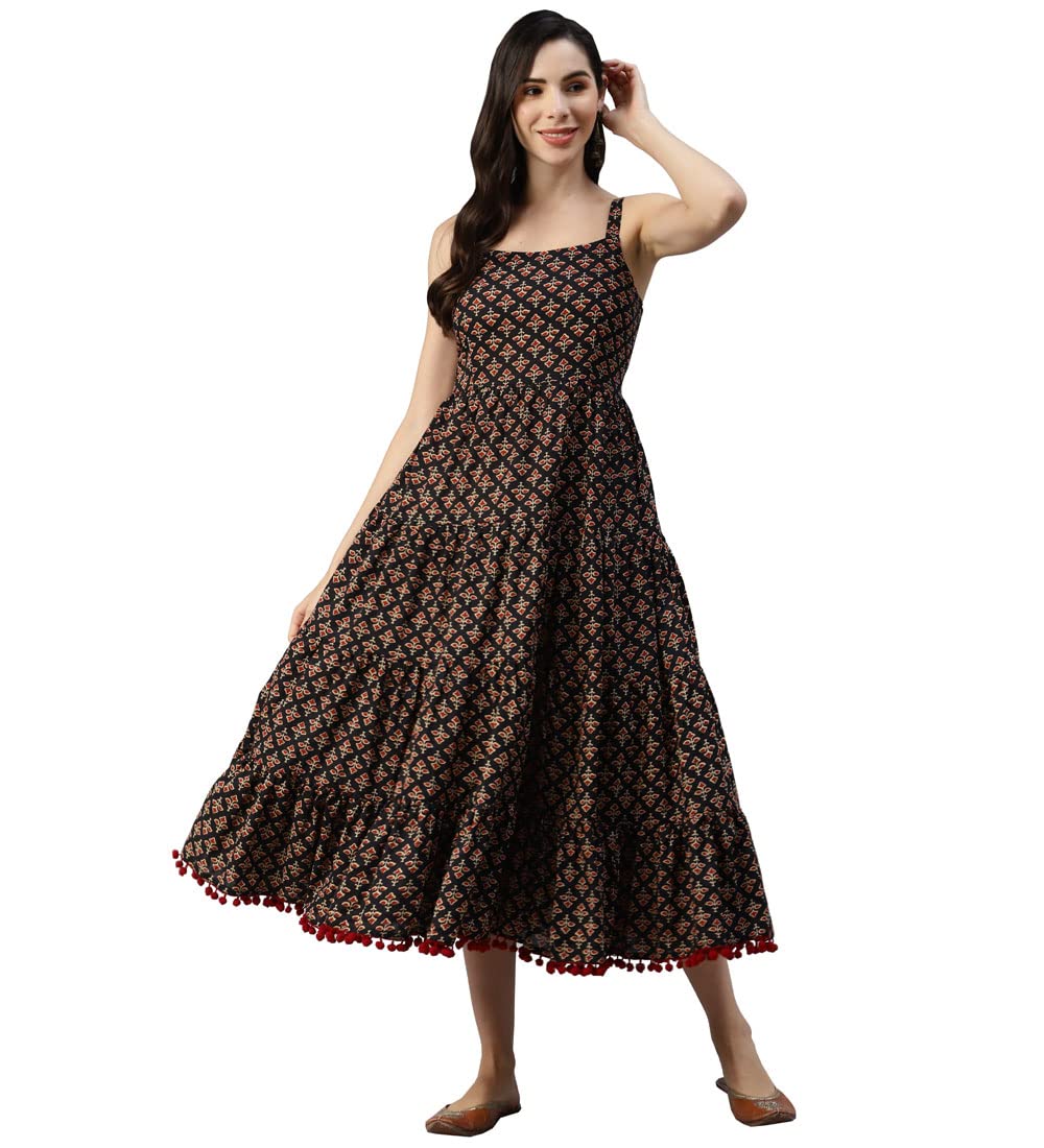Divena Women Black Floral Printed Fit and Flare Shoulder Strip Long Dress,Medium