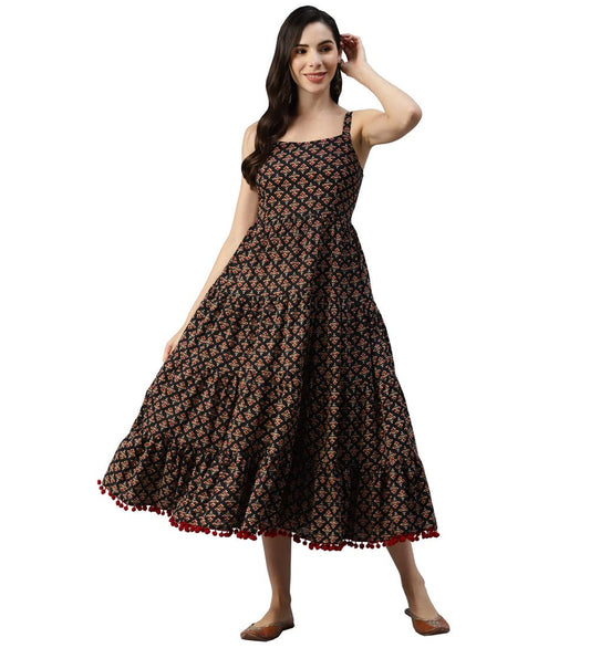 Divena Women Black Floral Printed Fit and Flare Shoulder Strip Long Dress,Medium