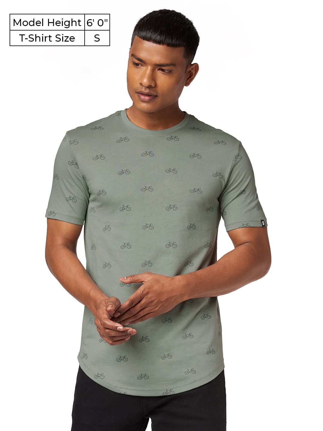 The Souled Store Men Cycle Pattern Sage Green Printed Supima Drop Cut T-Shirts (XX-Large) Supima Drop Cut T-Shirts Fashionable Trendy Graphic Prints Pop Culture Merchandise