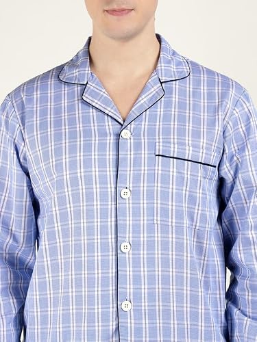 Hancock Men Cotton Checked Relaxed Fit Night Suit Blue Size M