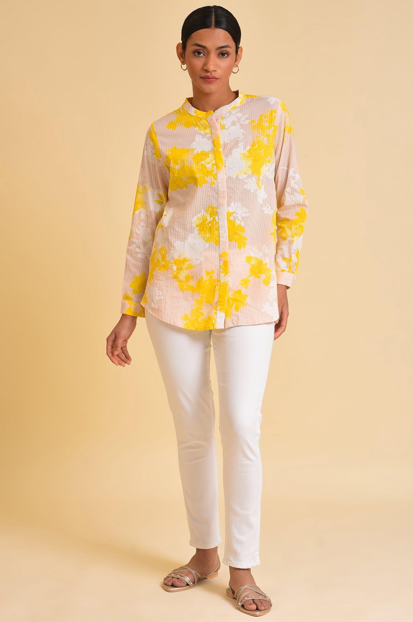 W For Woman Light Pink Floral Printed Cotton Shirt Style Top