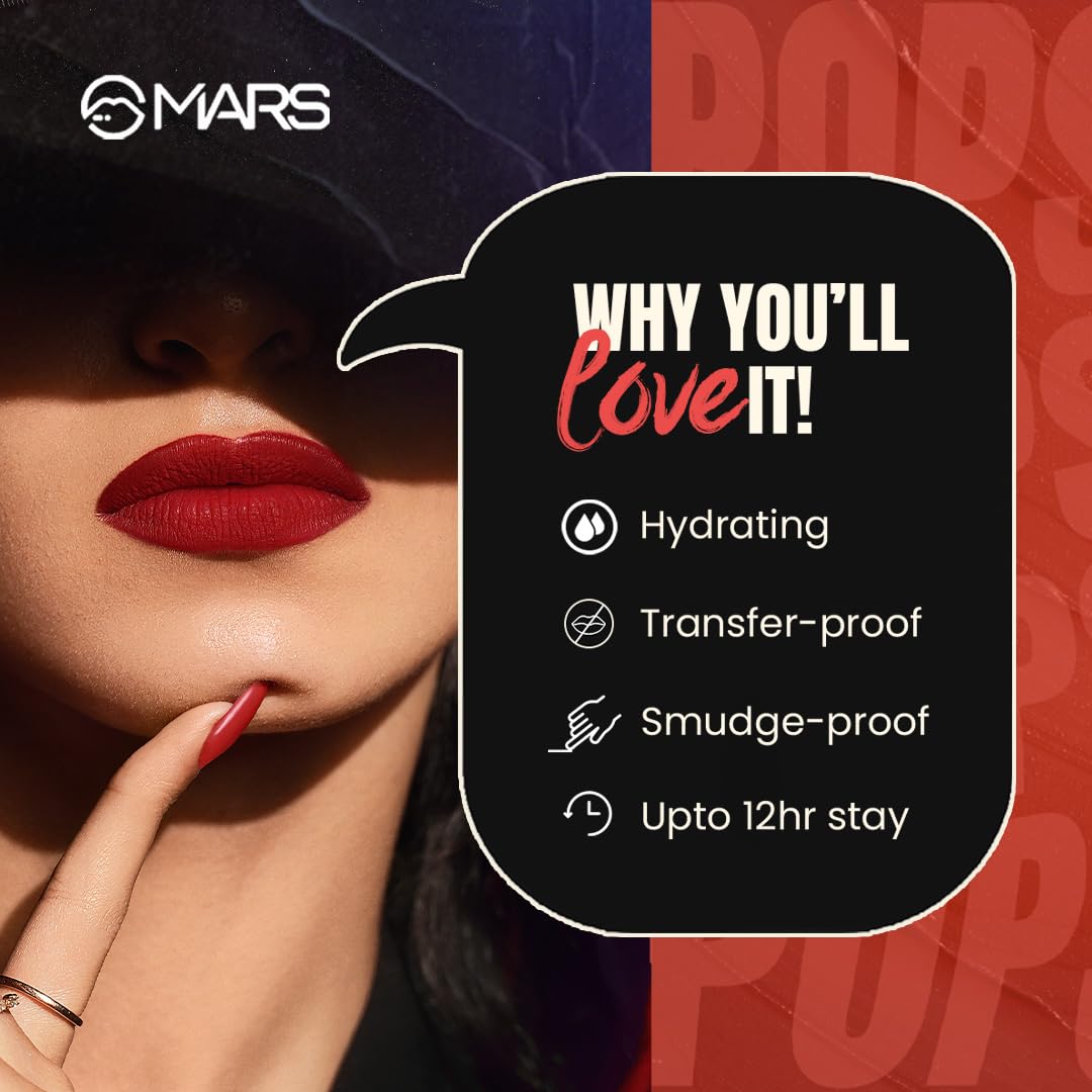 MARS Popstar Non-Drying Liquid Mousse Lipstick for Women with Matte Finish | Lightweight and Non-Sticky Formula | Up to 12 Hour Long Lasting | Transferproof & Waterproof (6.0ml) (03-Chorus Girl)