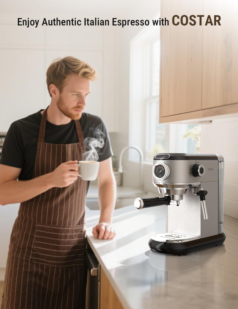 Costar 20 Bar Espresso Coffee Machine with Steam Wand, Stainless Steel, 1350W Quick Heating Coffee Maker Machine for Home,Pressure Indicator, Compact Espresso Maker for Home Barista for Espresso/Latte