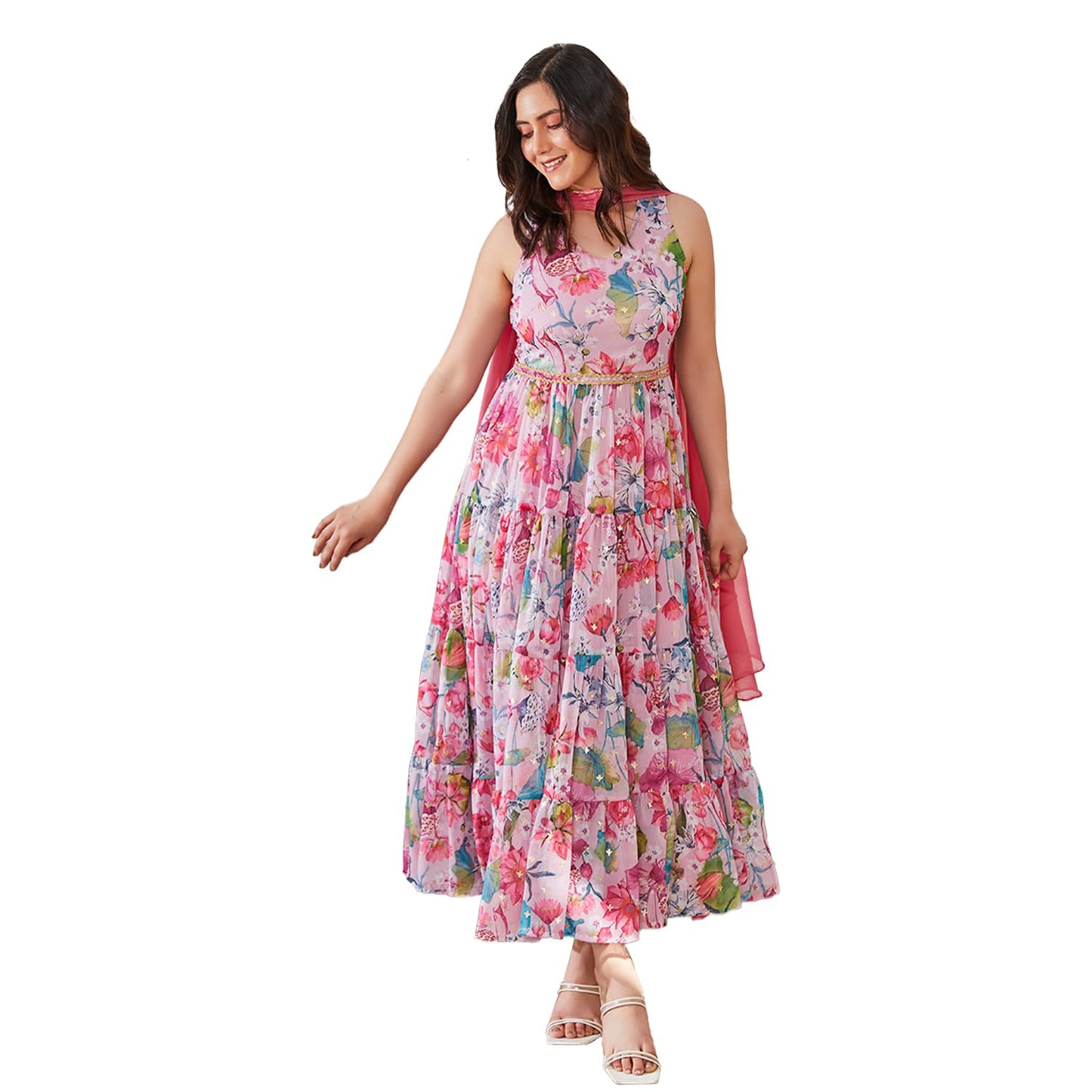 BIBA Women Polyester Anarkali Printed Dress (SKD9665_Pink_XS)