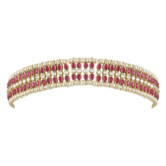 I Jewels Gold Plated Metal Traditional Floral Kundan Pearl Studded Rajasthani Sheeshphool/Mathapatti for Women (Pink)