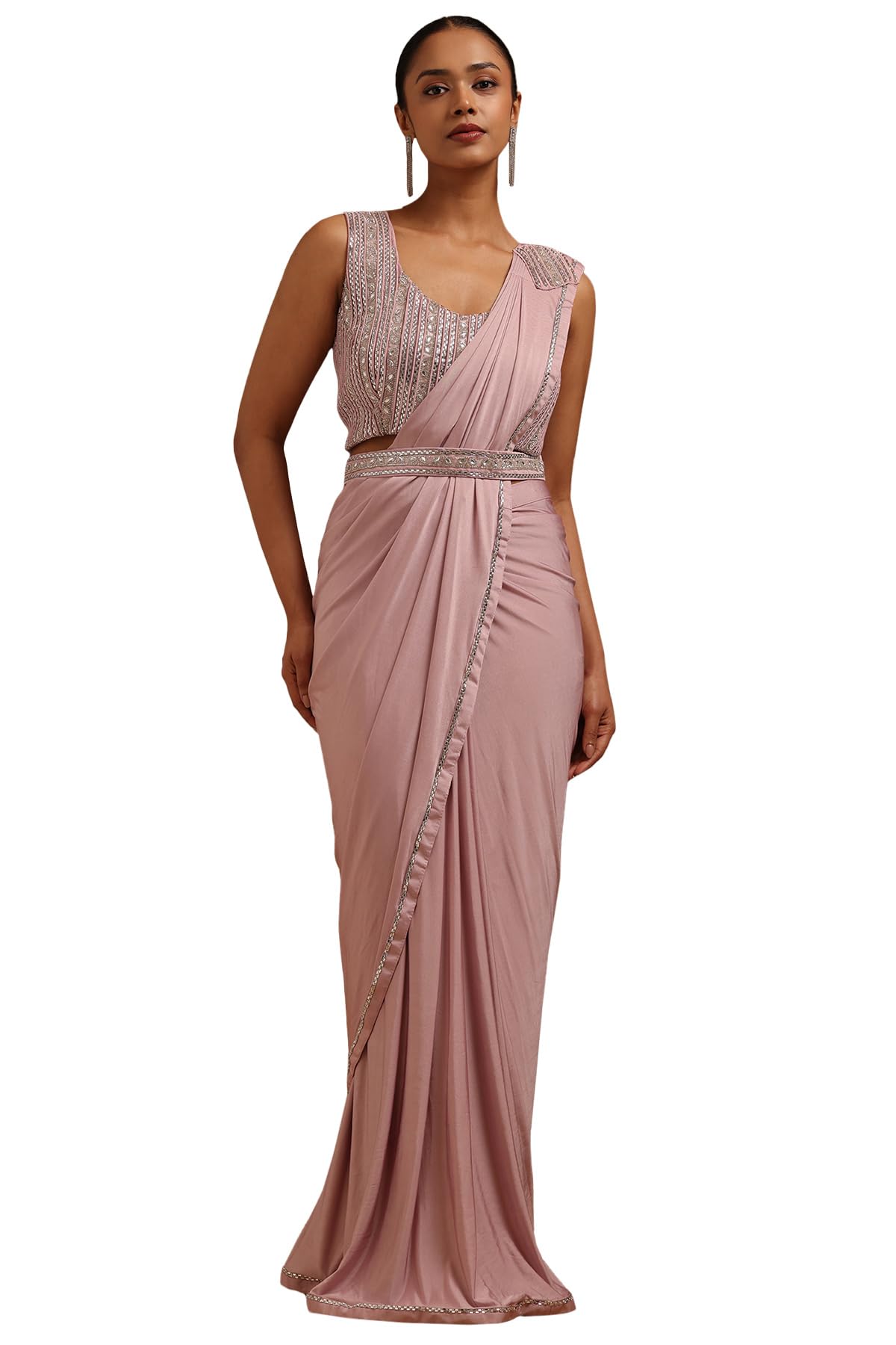 Soch Womens Pink Spandex Solid Ready To Wear Saree