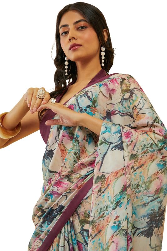 Soch Womens Wine Floral Print Crepe Saree