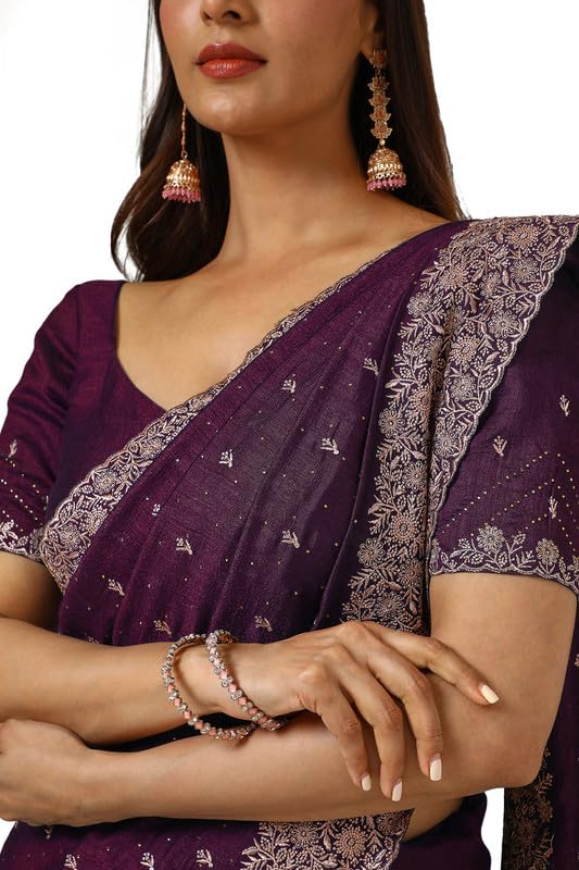 Soch Womens Wine Zari Embroidered Tussar Saree With Stone Work