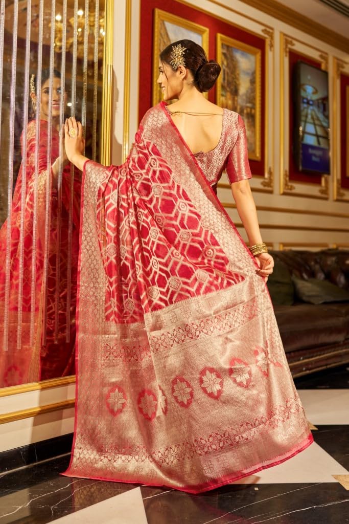 MADHUHANSH Womens Organza Plain Saree with Patola Printed Solid Pattern 6 Yard Length and Unstitched Blouse Piece