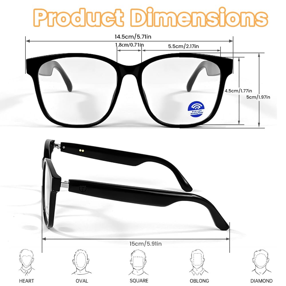 QJF Smart Glasses Anti Blue Light Bluetooth Glasses Built-in Mic & Open Speakers, Voice Assistant, for Reading/Office/Work Unisex (Transparent color)