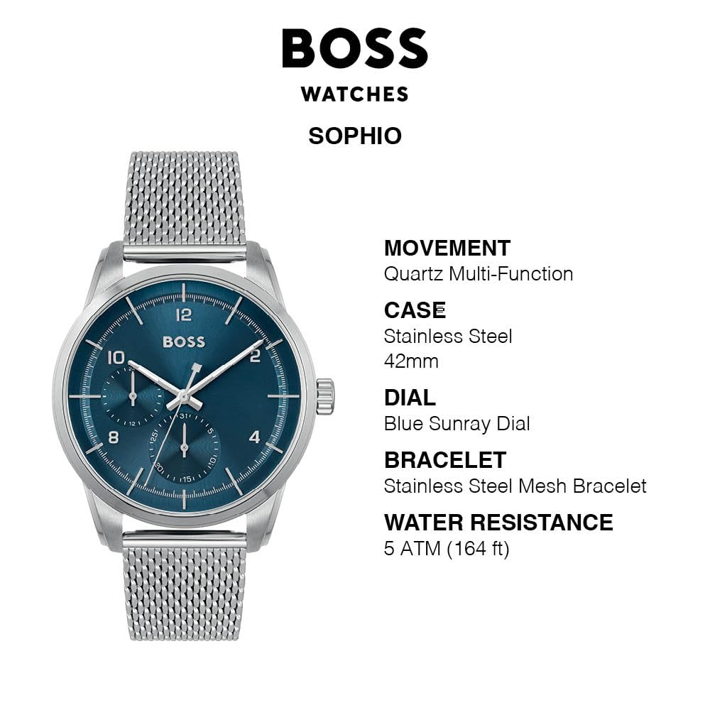 BOSS Sophio Men's Multifunction Stainless Steel and Mesh Bracelet Watch, Color:Silver (Model: 1513942), Silver, Quartz Watch, Silver, 42.00Mm, Quartz Watch