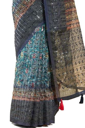 Soch Womens Teal Organza Pochampally Saree With Sequins