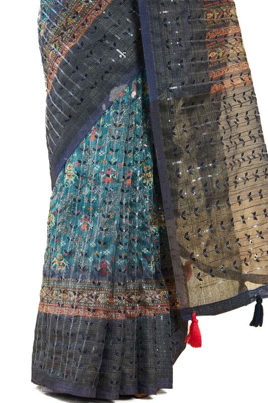 Soch Womens Teal Organza Pochampally Saree With Sequins