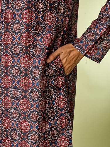 DIWAS BY MANYAVAR Men's Art Silk Digital Ajrakh Block Print Kurta Set (Dark Blue,L)