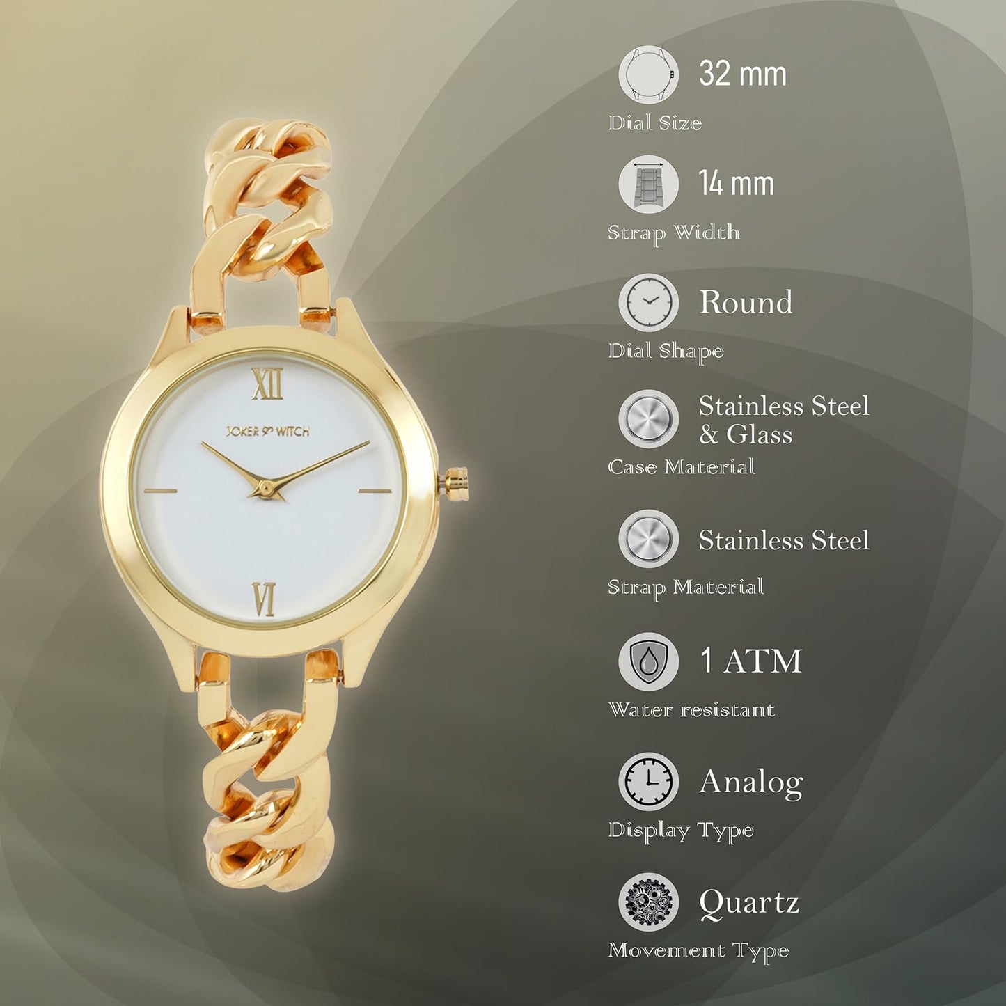 Joker & Witch Vegas 32mm White Dial 14mm Gold Stainless Steel Watch for Women
