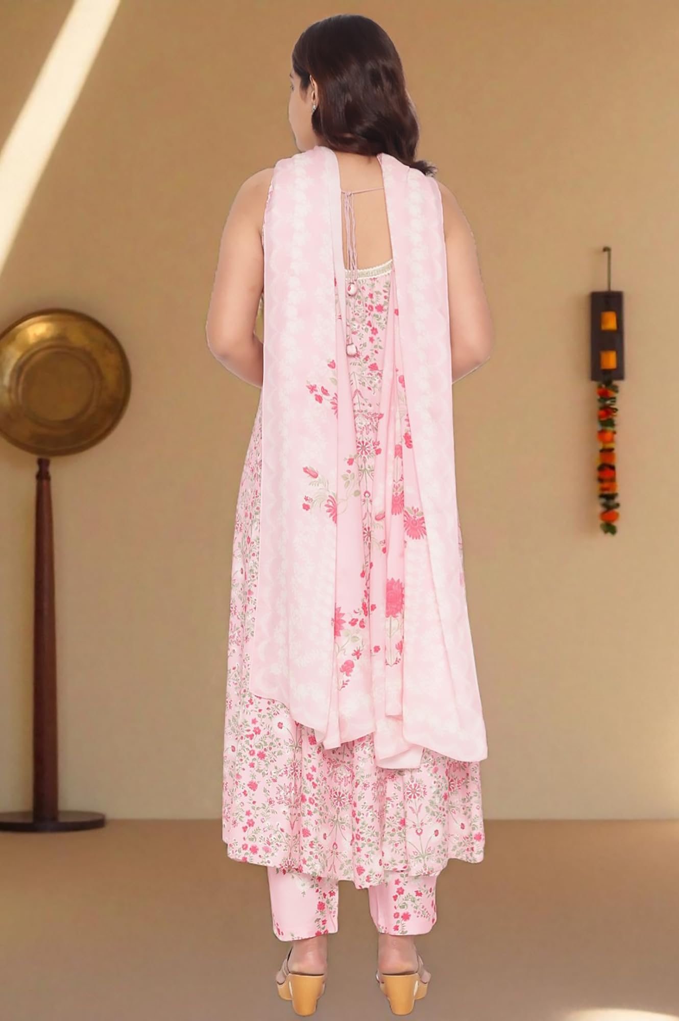 W for Woman Rose Pink Printed Shantung Flared Kurta, Parallel Pant and Dupatta Set (Size: XXL)-WS13091-126506