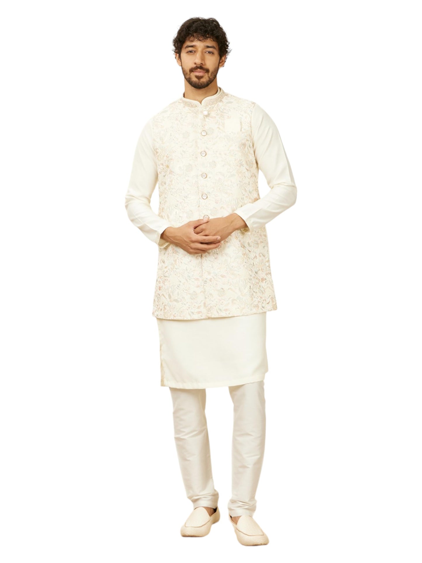 Manyavar Men's Satin Embroidered Kurta Jacket Pyjama Set (3pcs)