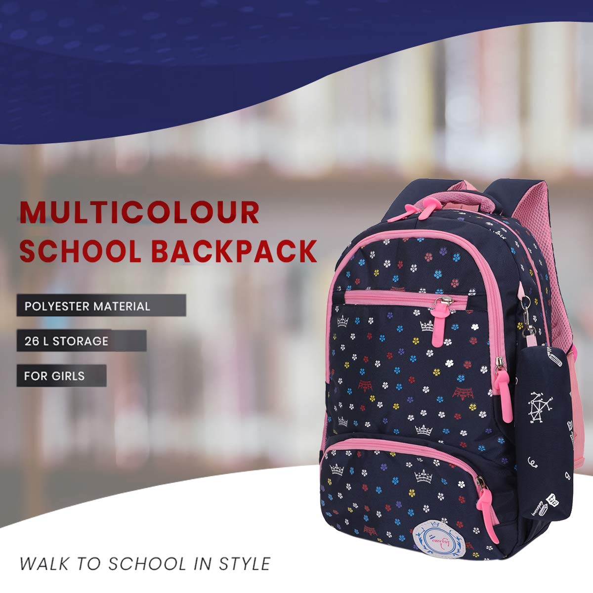 Tinytot 26 Liter, Stylish & Trendy (Flower Printed Pink/Blue) Water Resistant High Storage School College Travel Backpack Bag With Pencil Pouch, For Girls & Women, 2nd Standard Onward, (18 Inch)
