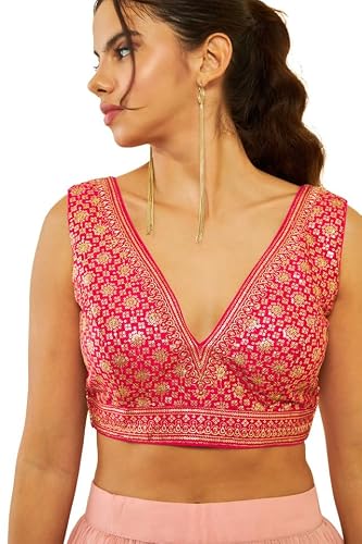 Soch Womens Fuchsia Tussar Sequin Embellished V-Neck Back-Open Sleeveless Blouse