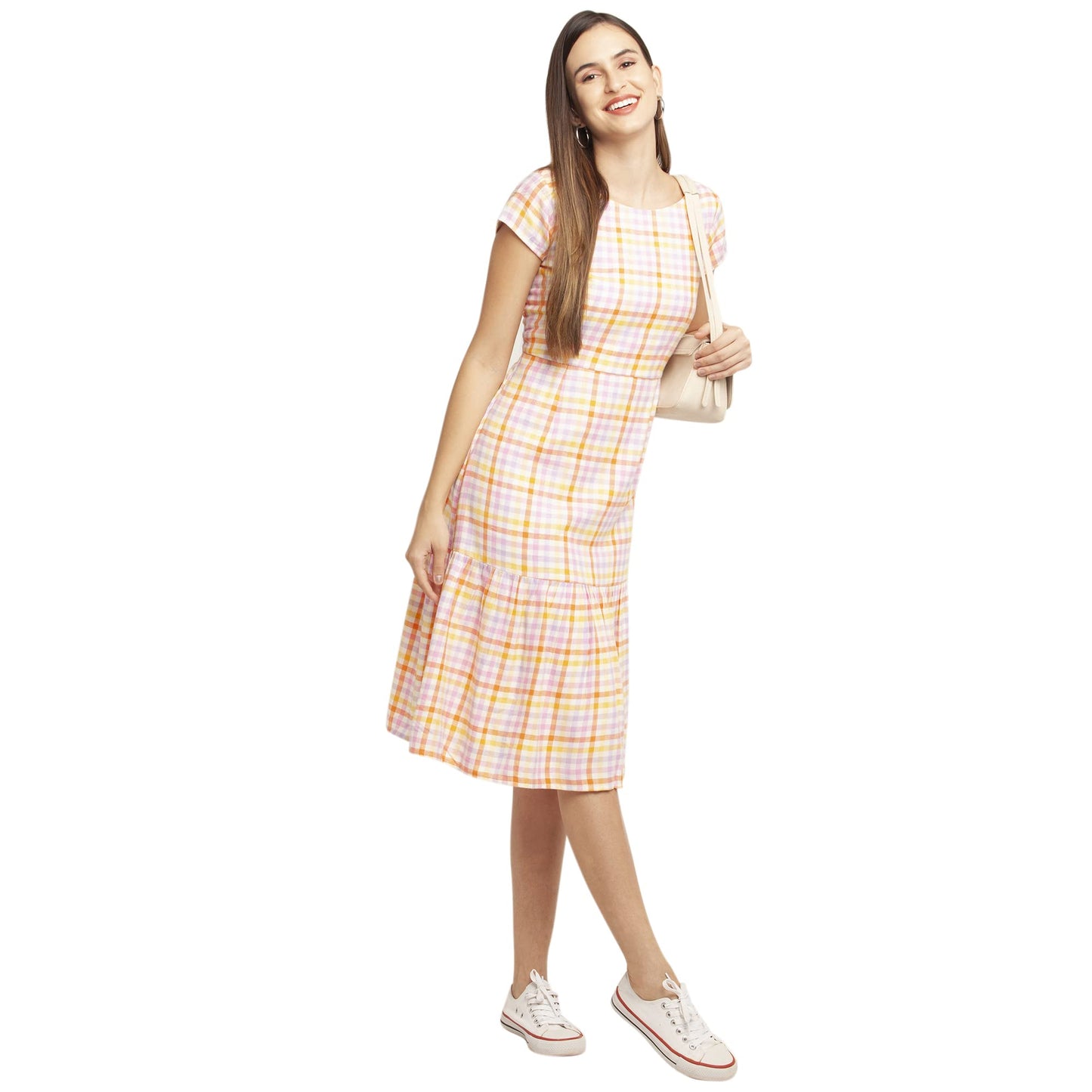 Zink London Multi-Colored Checks Women's Tiered Midi Dress Multicolour