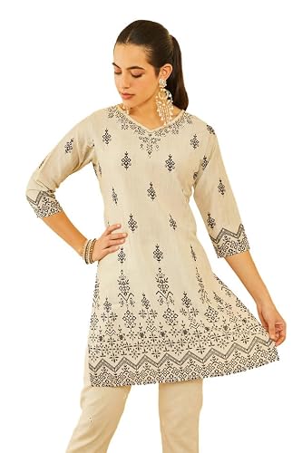 Soch Womens Beige Poly Muslin Floral Printed Kurta with Cutdana