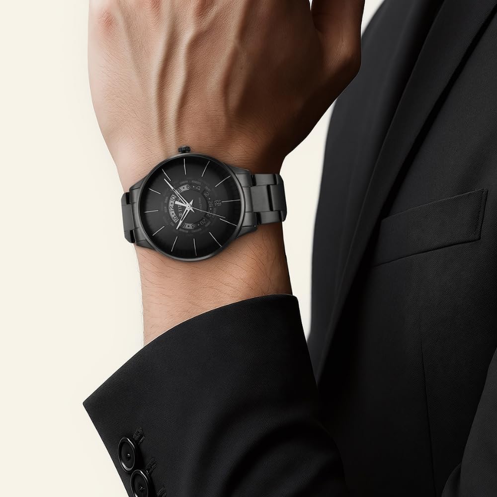 Titan Quartz World Time with Date Black Dial Black Stainless Steel Strap Watch for Men - NT90145NM01