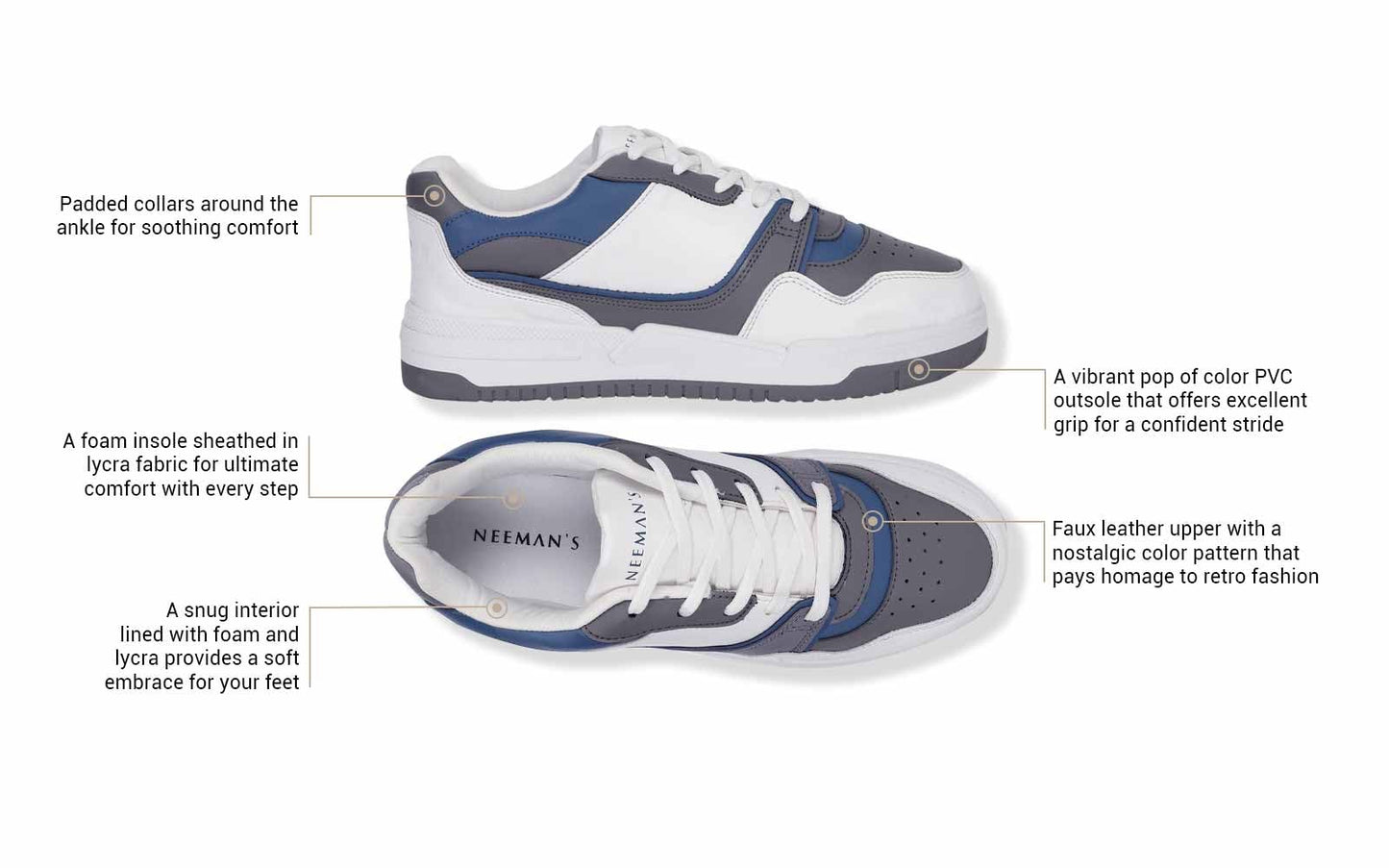 Neeman's The White Pop Sneakers for Men | Comfortable & Flexible EVA Sole | Grey/Blue UK9