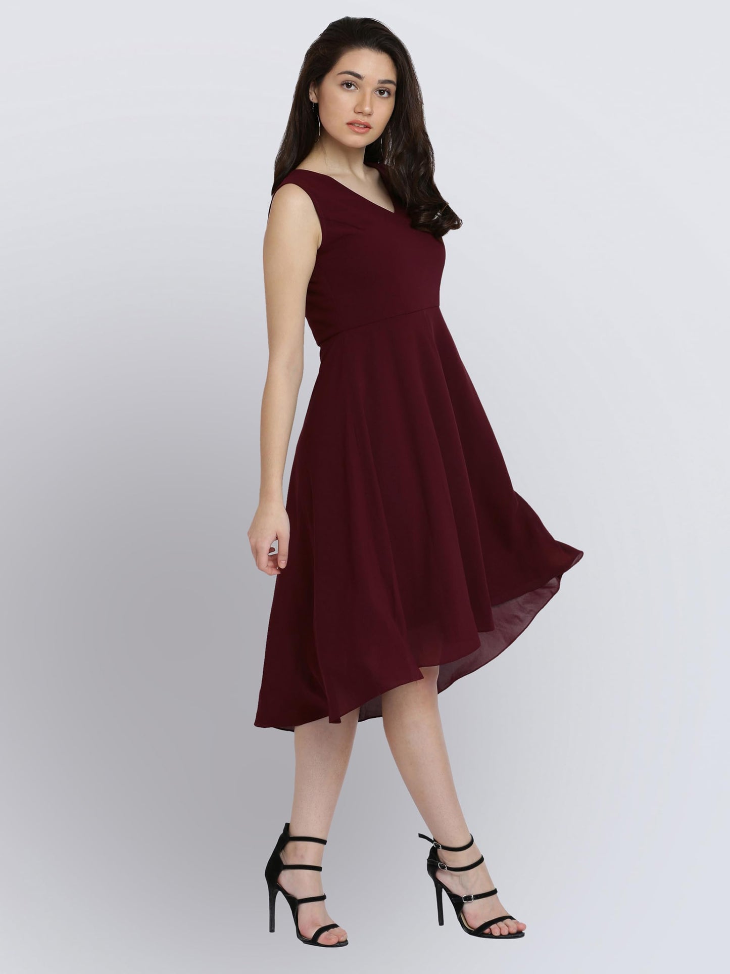 Miss Chase Women's Wine Red High-Low Midi Skater Dress(MCAW17D10-34-56-06_Wine Red_X-Large)