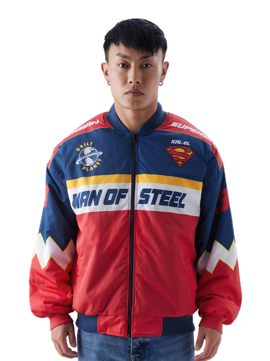 The Souled Store Superman: Kal-El Men Racer Jackets Jackets Winter Coats Outerwear Bomber Puffer Windbreaker Hooded Quilted Lightweight Warm Stylish Fashionable Casual Trendy Classic Motorcycle