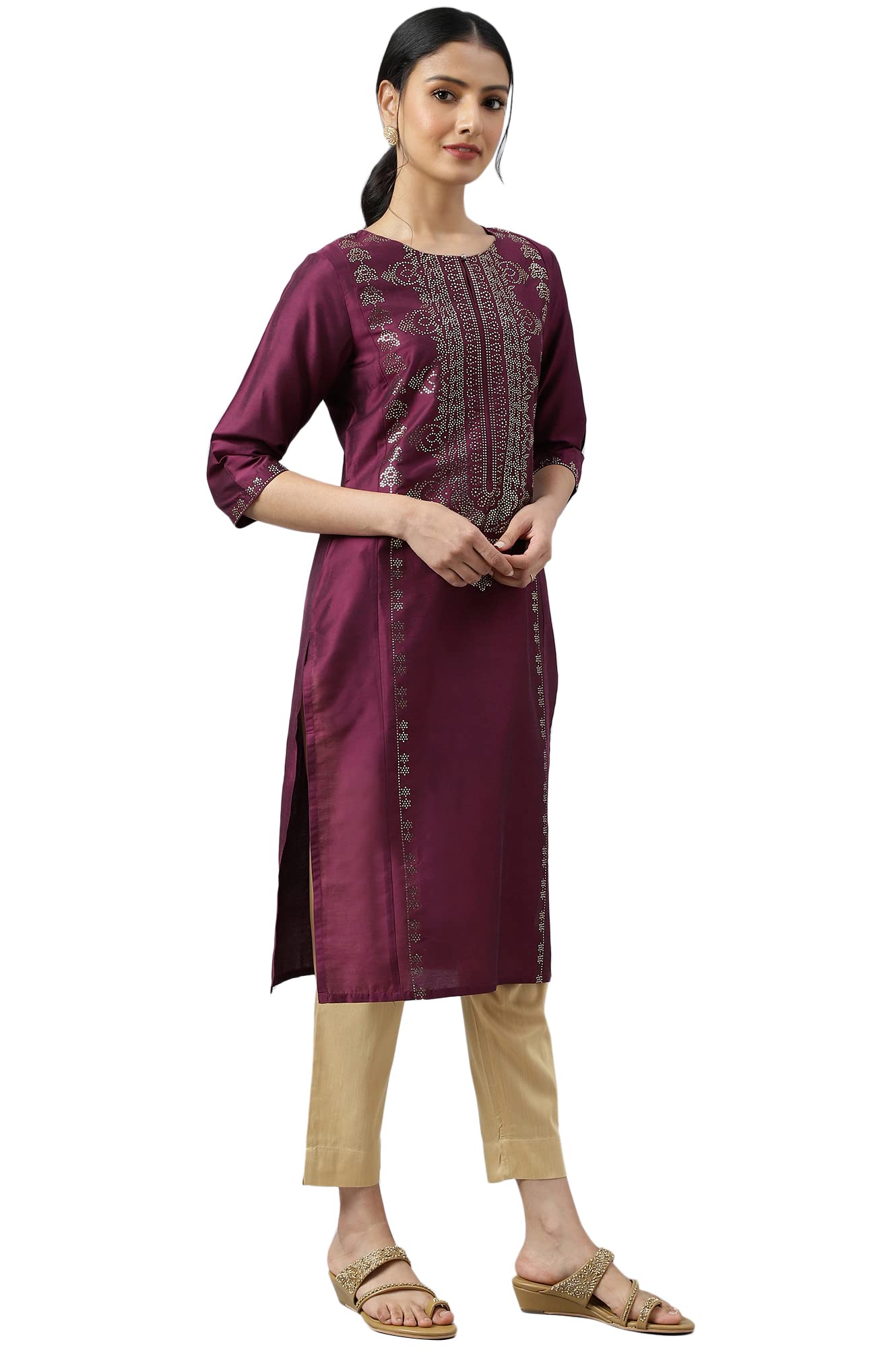 W for Woman Dark Pink Mukaish Placement Print Kurta