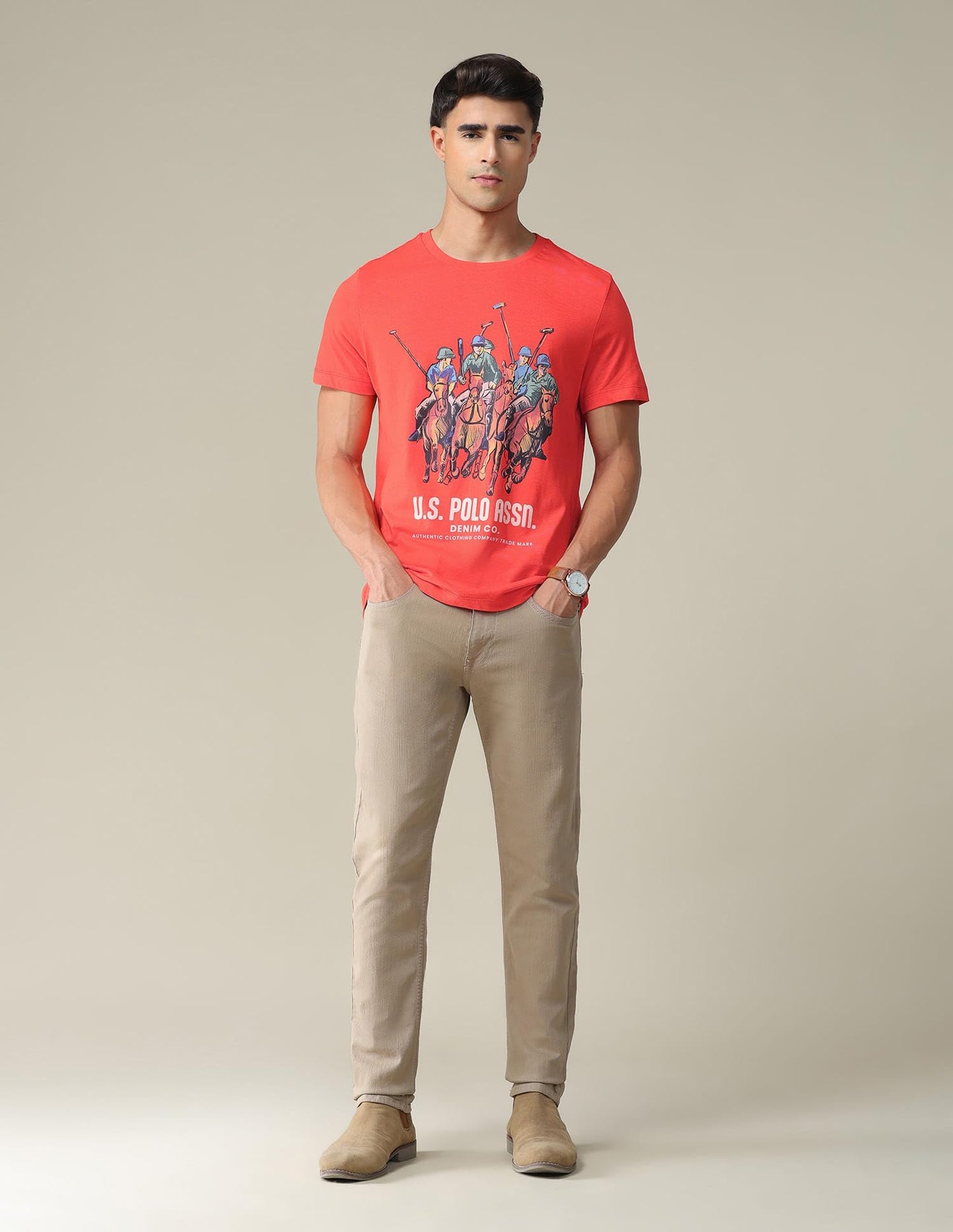 U.S. POLO ASSN. Brand Printed Cotton T-Shirts for Men - Slim Fit, Half Sleeves Mens Casual T Shirts Red