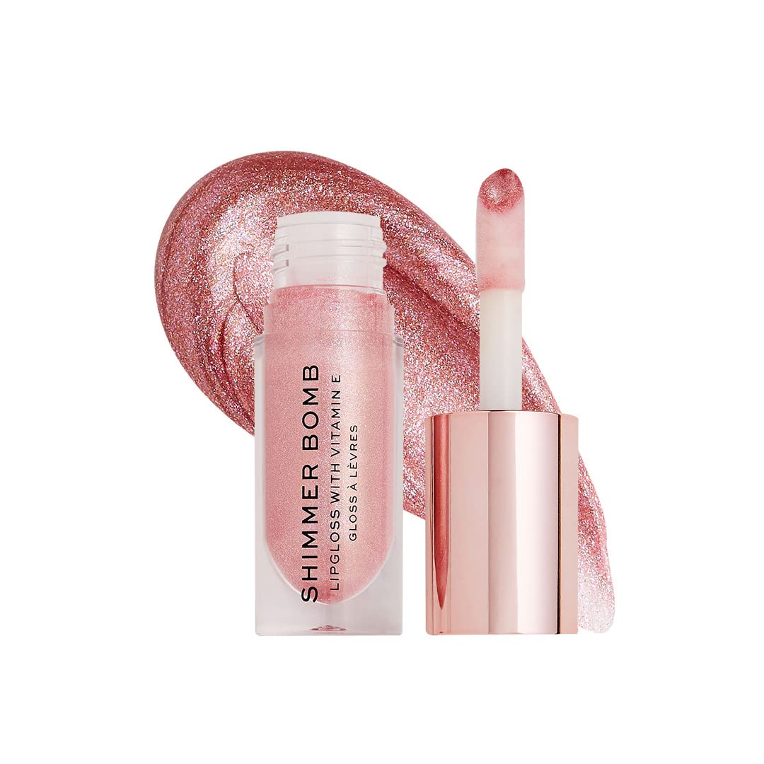 Makeup Revolution Rose Gold Lip Gloss for Women, Shimmer Bomb Lip Gloss - Glimmer Nude, Vitamin E for Extra Nourishment & Hydrating Lips, Rosehip Oil, Paraben Free, Shimmery & Sheer Formula - 4.5ml