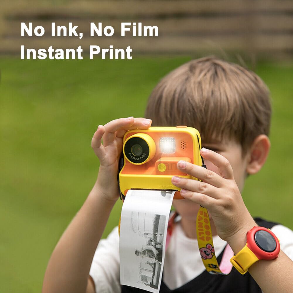 MANVI Instant Print Camera for Kids, 48 MP Print Camera for Boys & Girls, 1080P Video Recoding Camera with 3 Printing Rolls (Yellow)