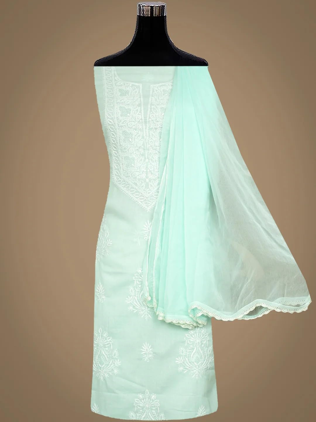 Ada Hand Embroidered Lucknowi Chikankari Unstitched Cotton Dress Material Suit Piece with Dupatta for Women 01A773700 Sea Green