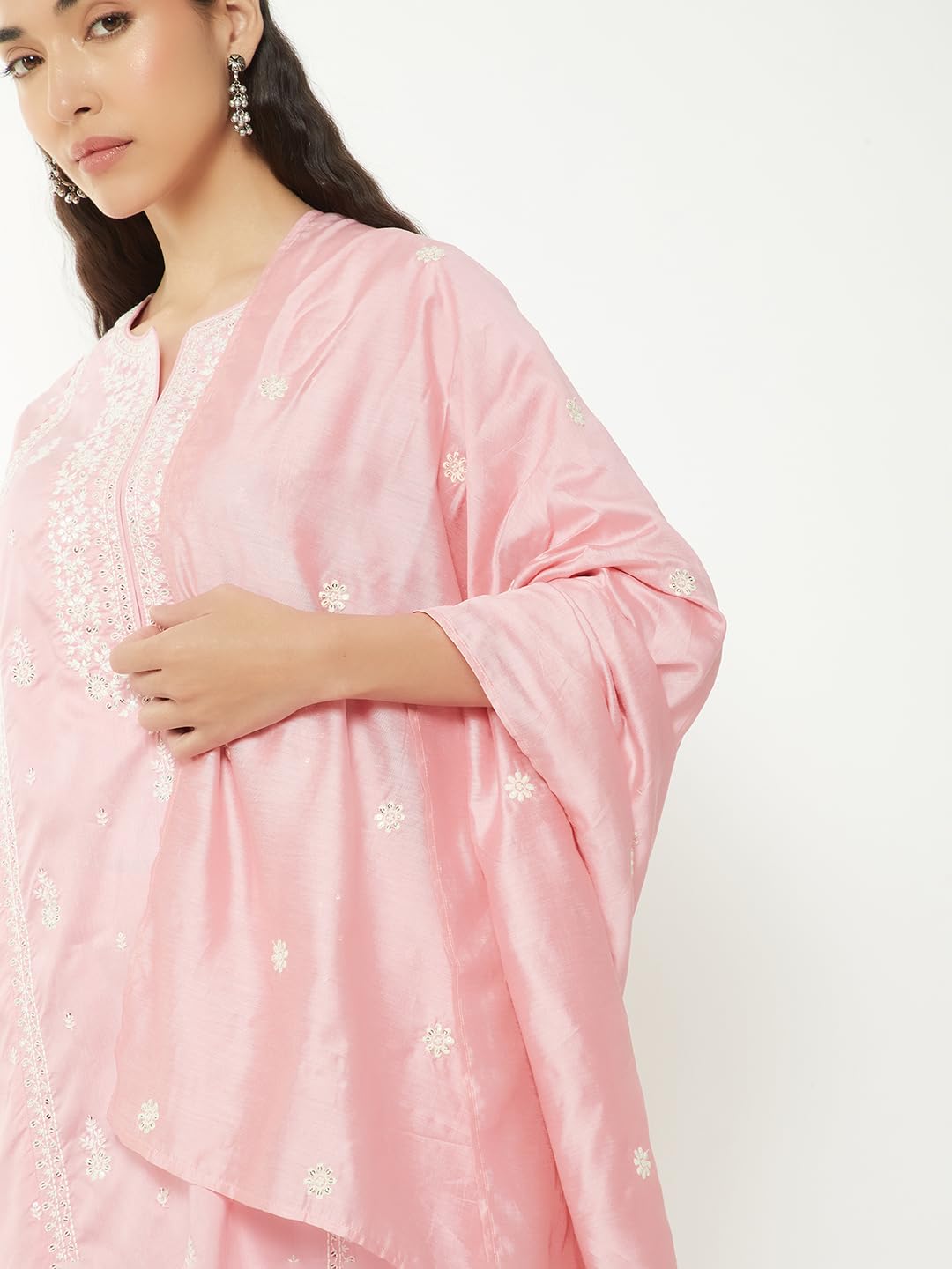 Max Women Embroidered Straight Kurts Set (Pink_XL)