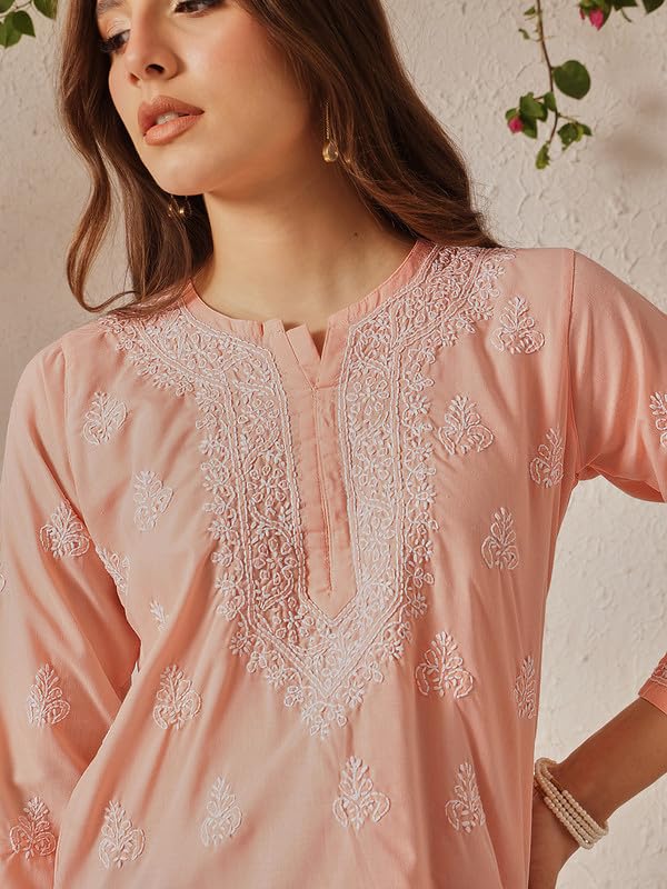 Ada Hand Embroidered Lucknowi Chikankari Cotton Short Kurti Top Tunic for Women A911492 Light Peach (M)