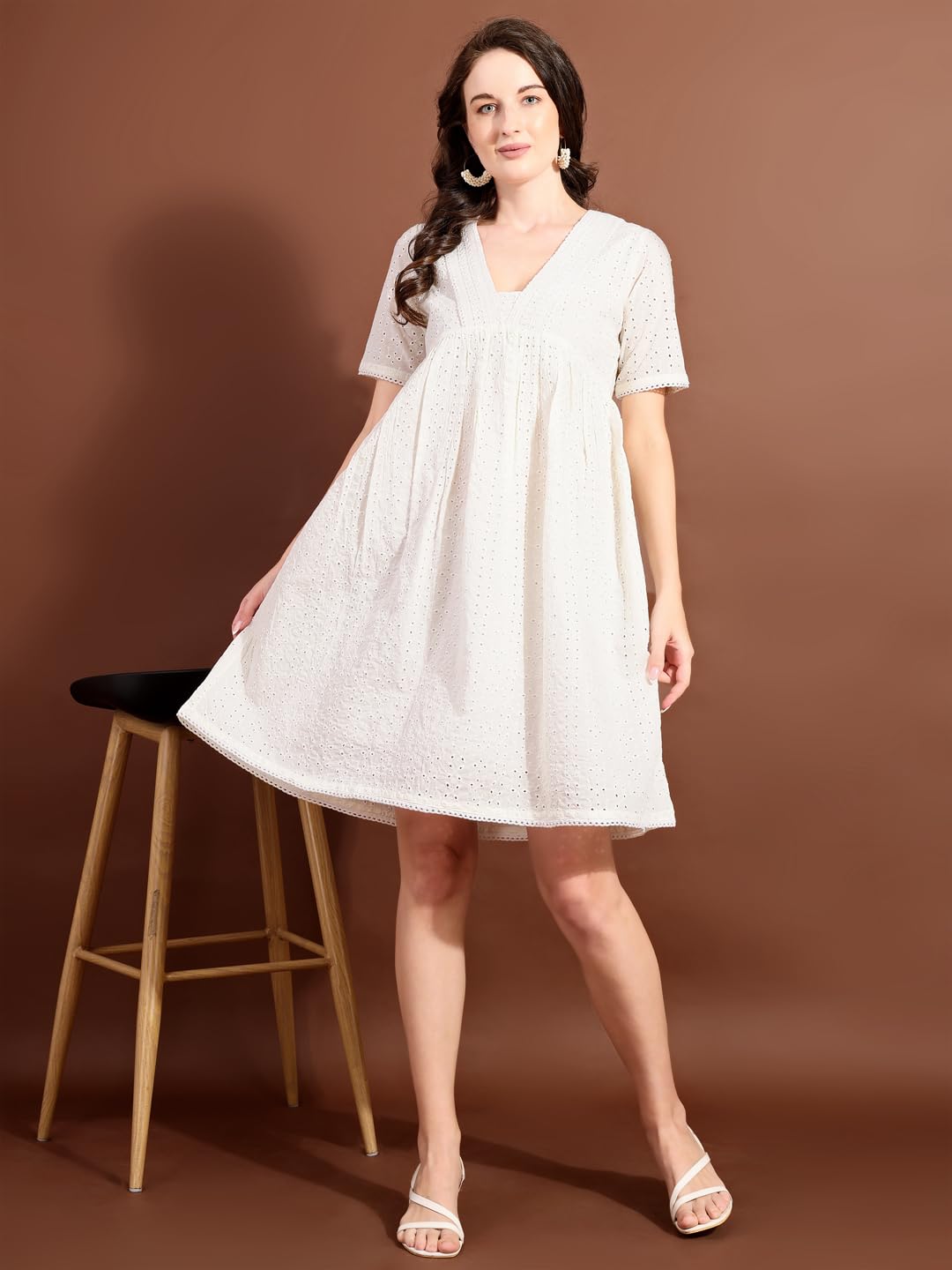 Womanista Women's Off White Cotton SCHIFLLI with CROCIO V-Neck LACE A-LINE Ethnic Dress Knee-Length