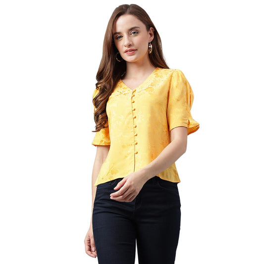 Latin Quarters Casual Puff Sleeves Women V-Neck Yellow Top_S