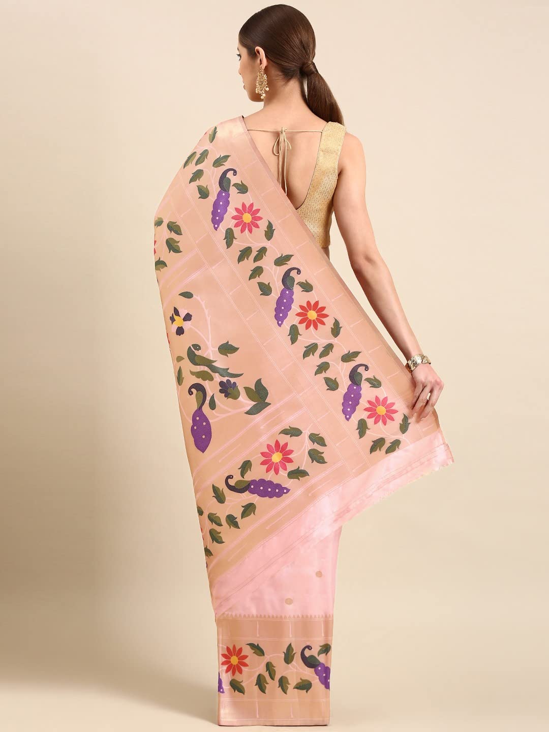 Pandadi Saree Women's Paithani Silk Saree With Unstitched Blouse Piece, Light Pink