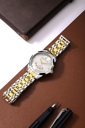 London Fog Paddington Collection Analog Quartz Watch for Men with Geometric-Textured Round Dial, Date Display, Roman Numeral & Triangular Hour Markers and Two-Tone Stainless Steel Strap - LFM10028-55