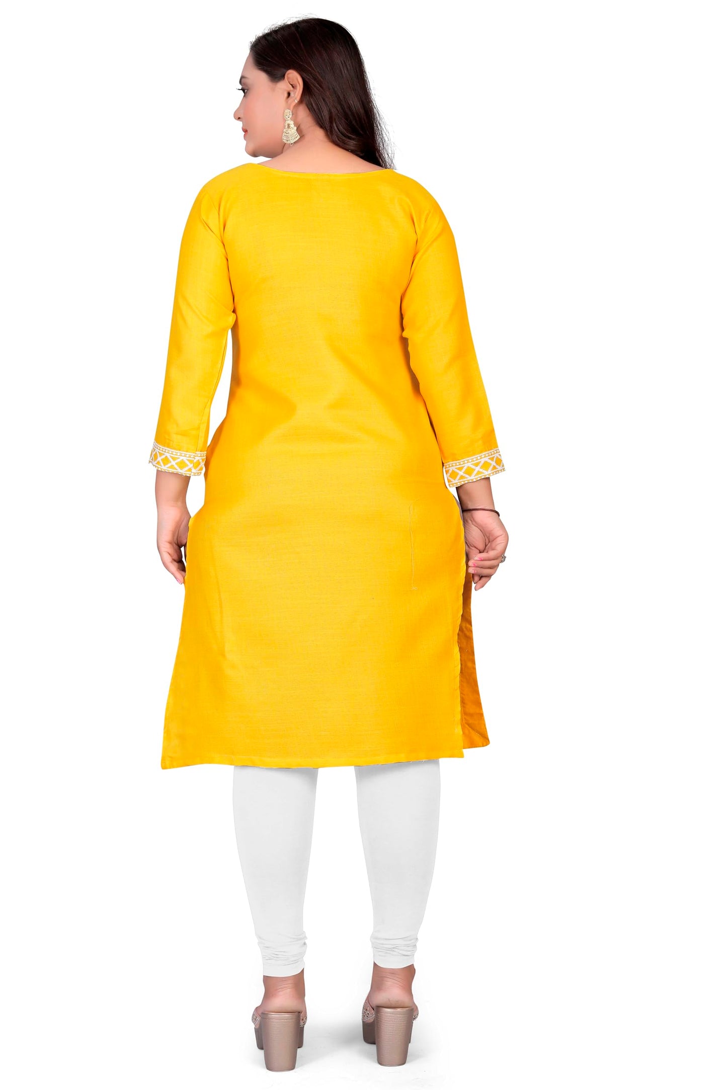 GLORY SILK Women's Rayon Blend A-line Chikankari Embroidered Kurta (Yellow - 5XL)