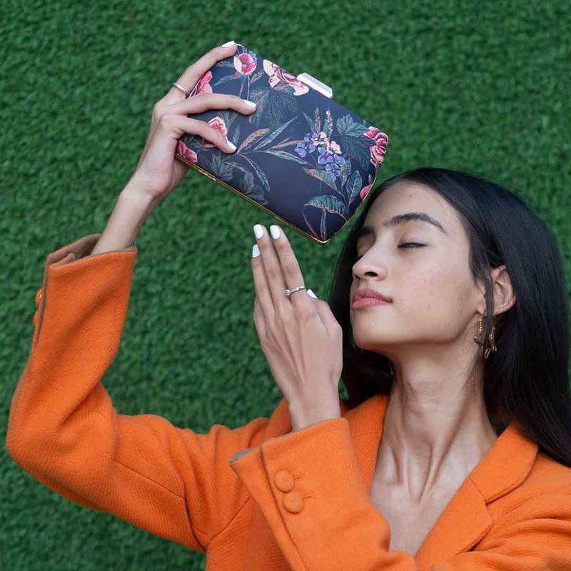 Artklim Printed Floral Clutch On Navy Blue Background