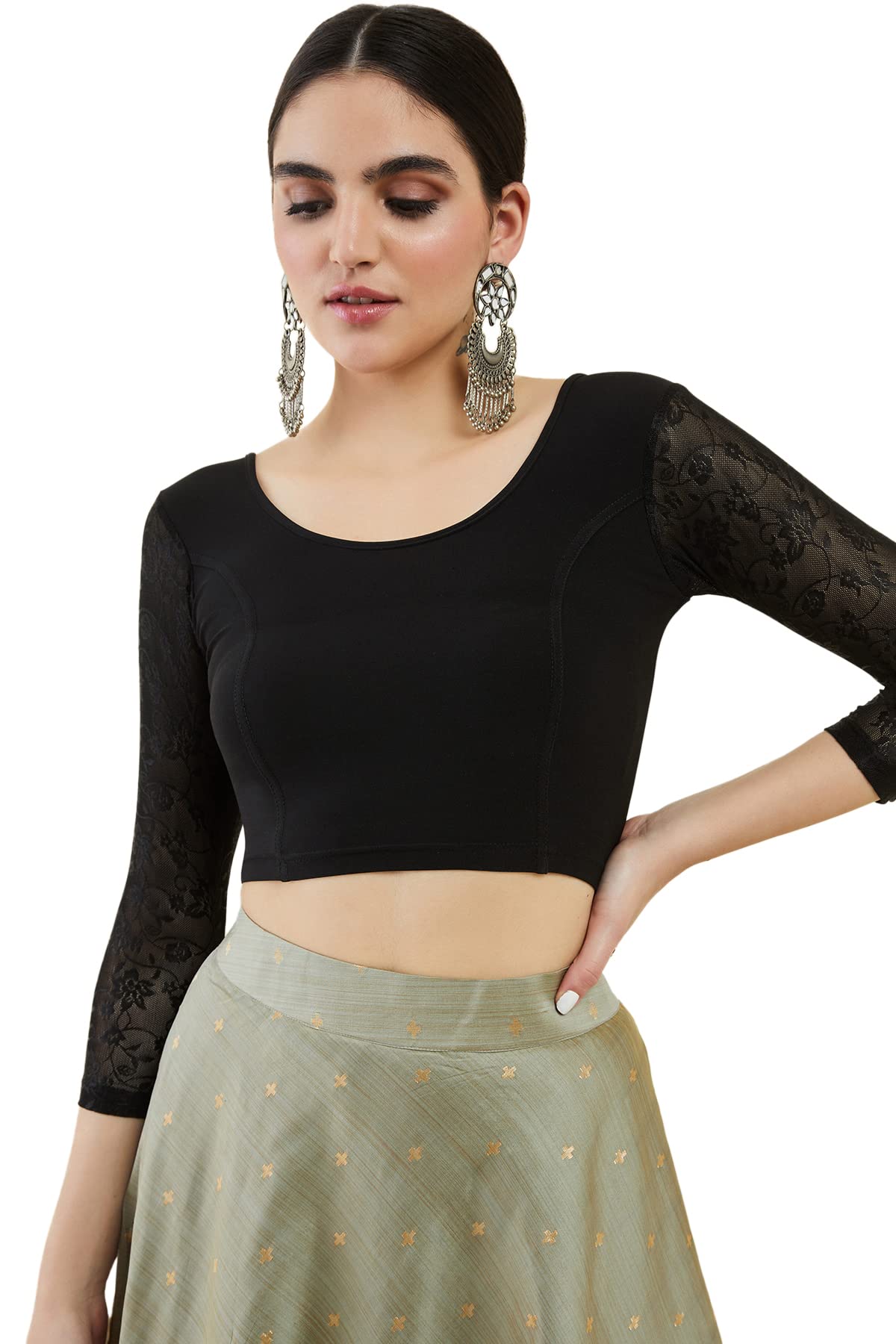 Soch Womens Black Spandex Princess Cut Blouse with Floral Sleeves