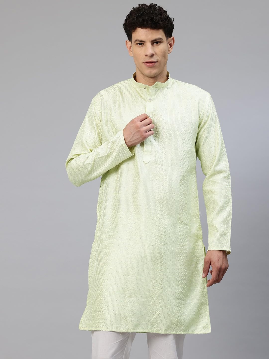 Luxrio Men's Silk Blend Sequence Self Embroidered Textured Long Kurta Full Sleeves Gold Size L