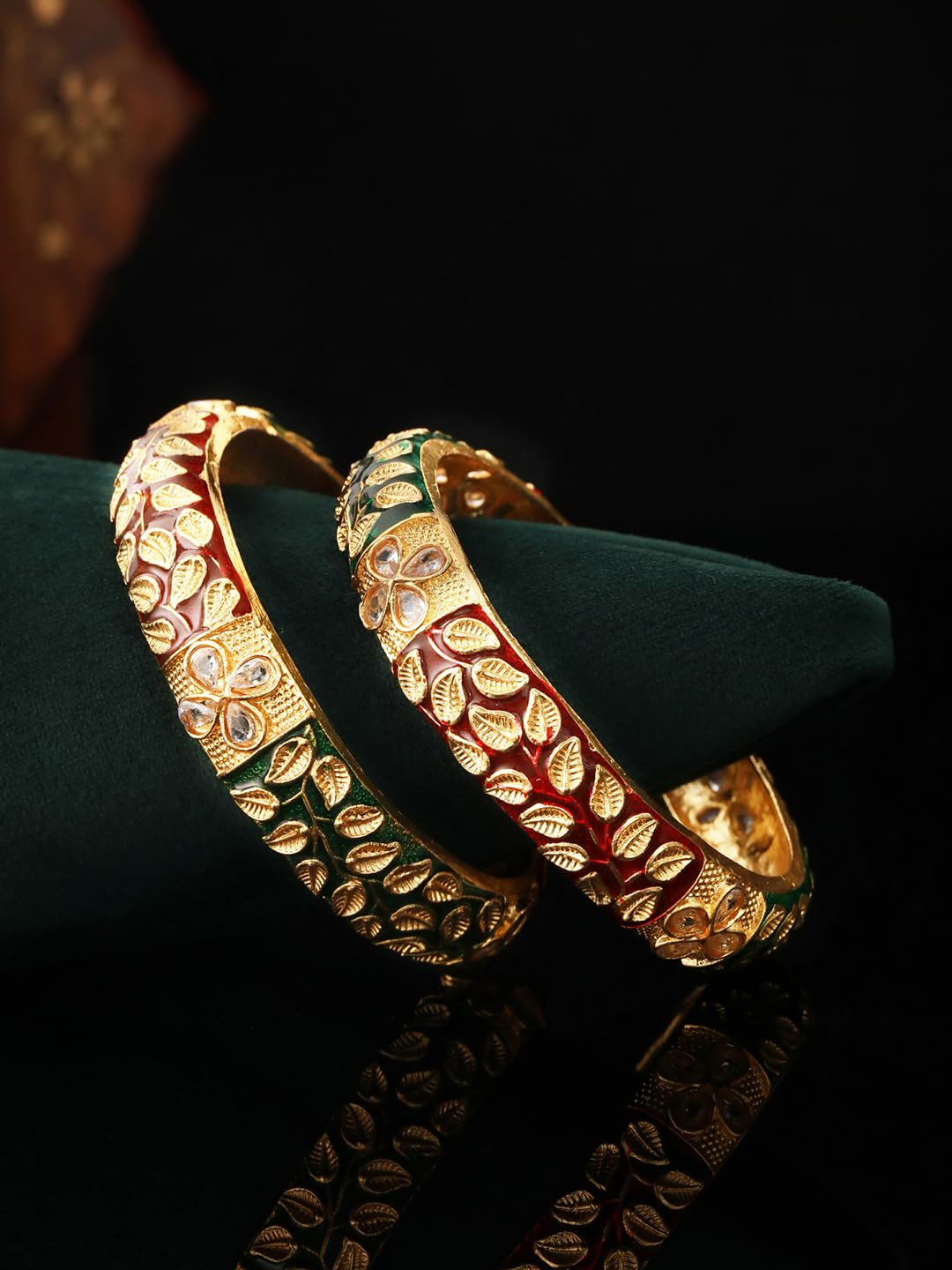 Priyaasi Red & Green Studded Leaf Meenakari Gold-Plated Bangle Set of 2 for Women