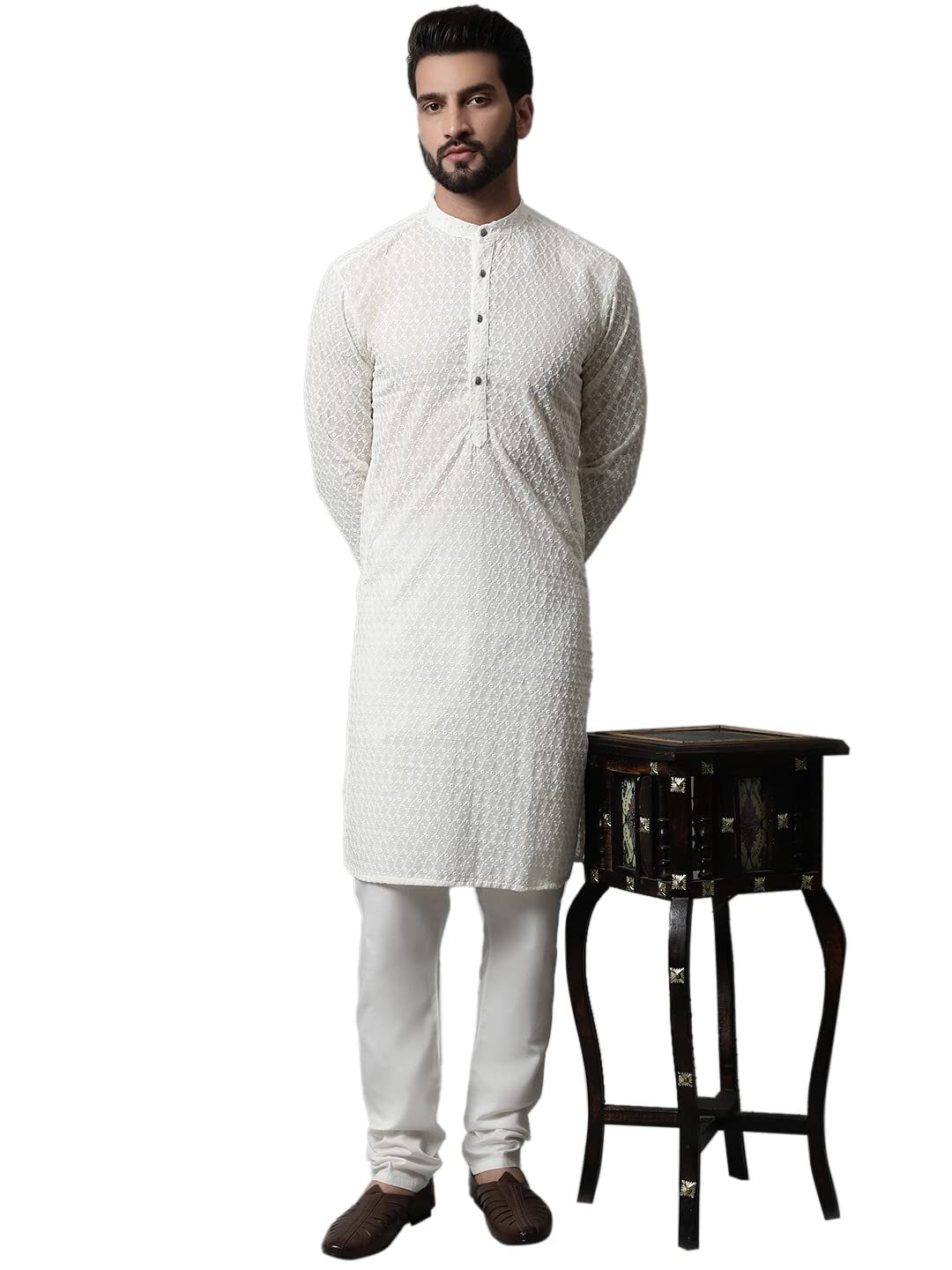 Jompers Men Embroidered Kurta with Churidar (Cream, M)