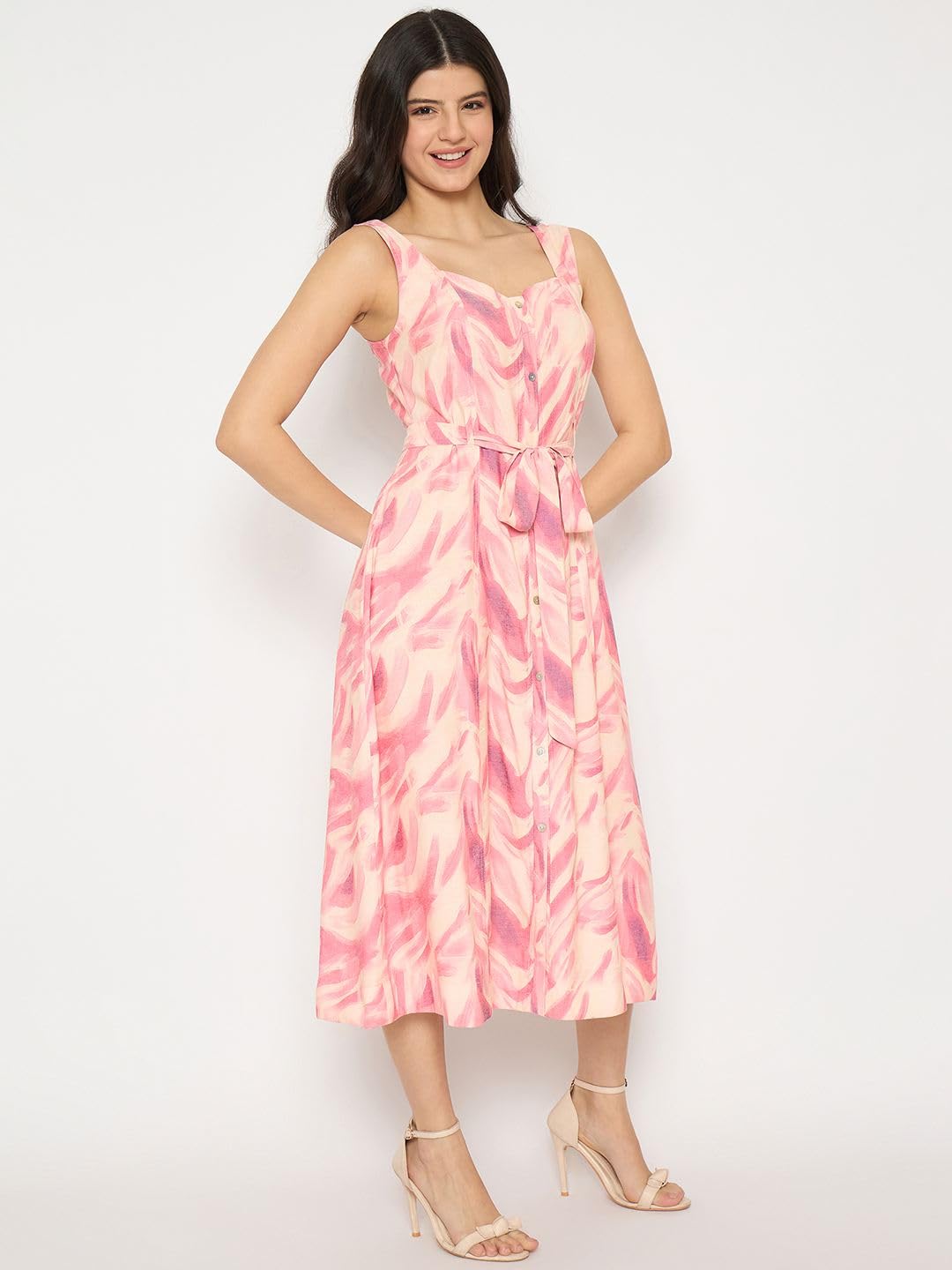 Madame Printed Sleeveless Midi Pink Dress for Women
