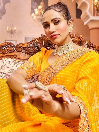 Satrani Women's Georgette Printed & Embroidery Lace Saree with Unstitched Blouse Piece (3463S236N_Yellow)