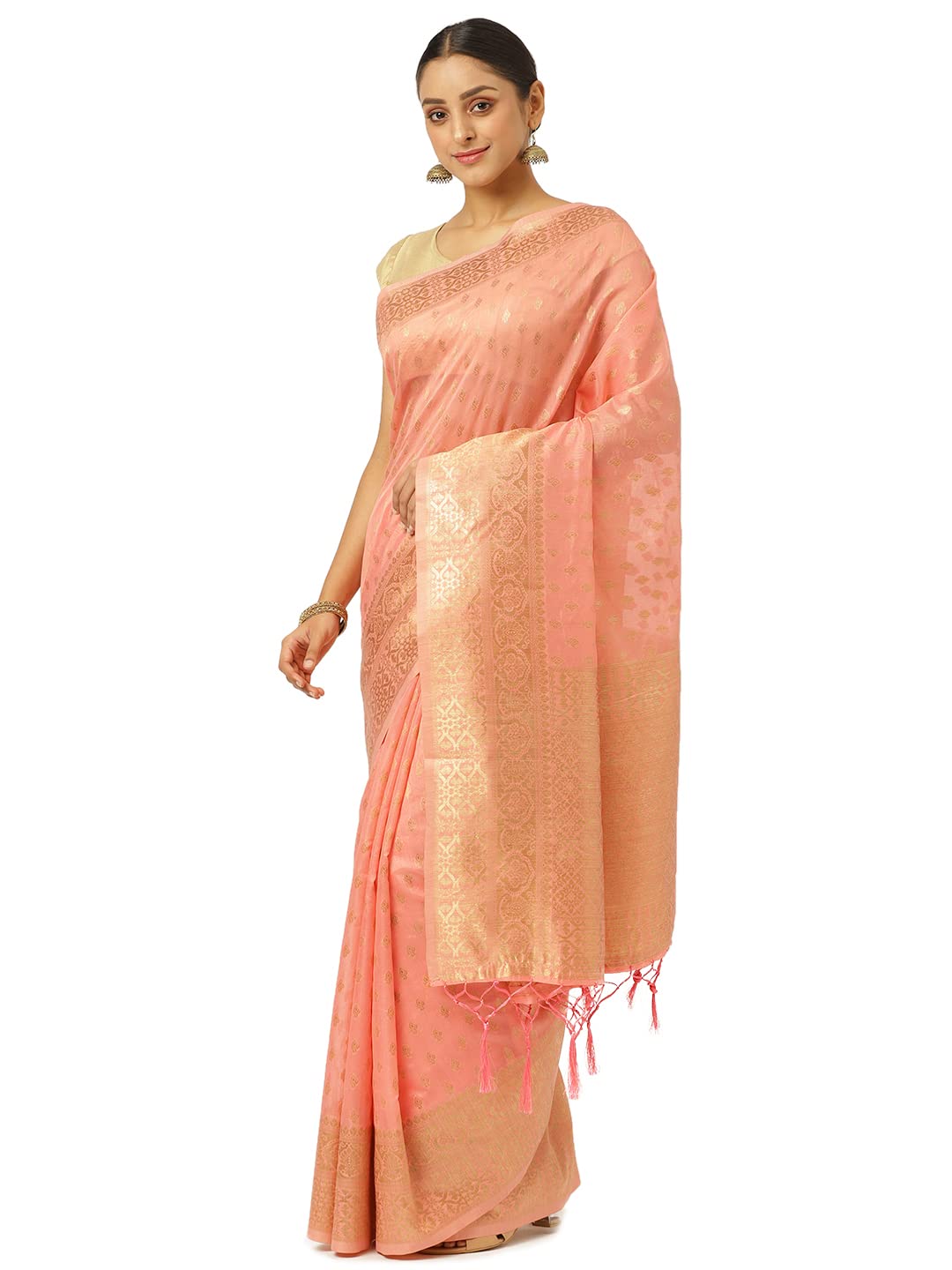 KARAGIRI Womens Maheshwari Silk Pink Saree With Blouse Piece